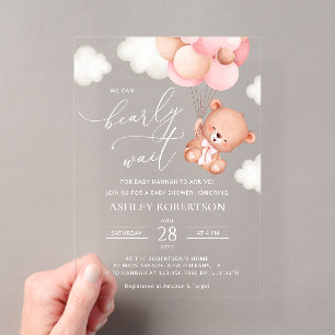 Invitations En Acrylique Nounours, Ours en peluche, Ballons roses, Baby Sho