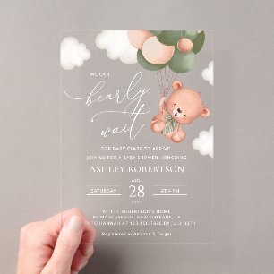 Invitations En Acrylique Nounours, Ours en peluche, Ballons verts, Baby Sho