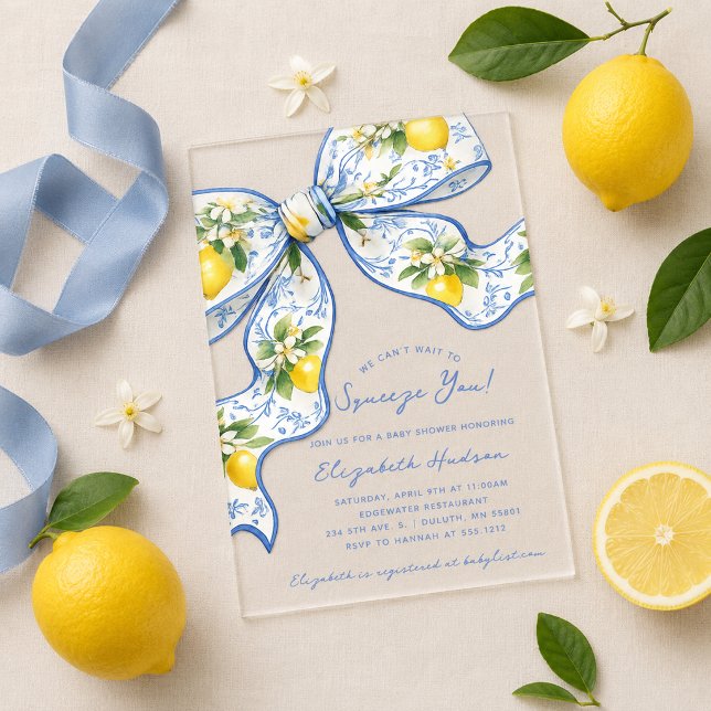 Invitations En Acrylique Nous avons hâte de vous serrer dans nos bras Lemon (We Can't Wait to Squeeze You Lemon Bow Baby Shower Acrylic Invitations)