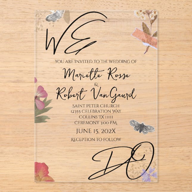 Invitations En Acrylique NOUS FAISONS Fleurs Pressées Shabby Garden Chic Ma (Recto)