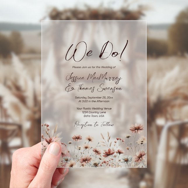 Invitations En Acrylique Nous nous marions ! Mariage rustique bohème aux fl (Frosted Acrylic with Rectangle Cut)