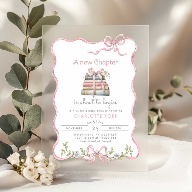 Invitations En Acrylique Nouveau chapitre Storybook baby shower Bow rose (Créateur téléchargé)