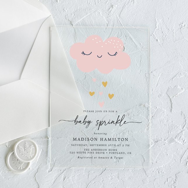 Invitations En Acrylique Nuage mignon et Coeurs rose et or Bébé saupoudrer (Créateur téléchargé)