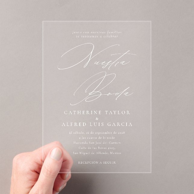Invitations En Acrylique Nuestra Boda Espagnol Langue Blanc Script Mariage (In situ (ordinateur de poche))