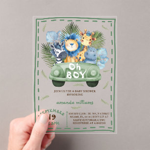 Invitations En Acrylique Oh baby shower Safari Animaux Garçon