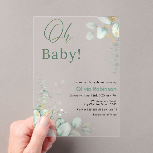Invitations En Acrylique Oh Bébé Eucalyptus Verdure Or Shower de Bébé  (In situ (ordinateur de poche))