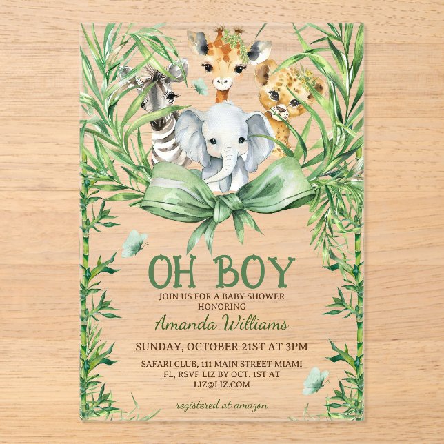 Invitations En Acrylique Oh Boy Cute Safari Animaux Baby shower (Recto)