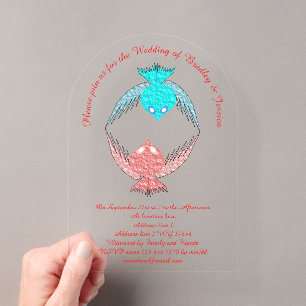 Invitations En Acrylique Oiseaux de l'amour rose et bleu mignons Mariage pe