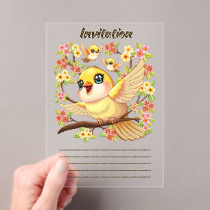 Invitations En Acrylique Oiseaux mignons et heureux parmi les fleurs du pri
