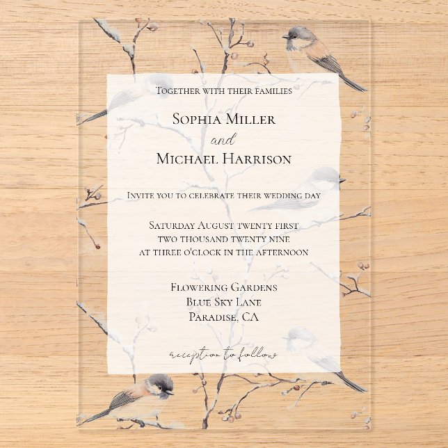 Invitations En Acrylique Oiseaux romantiques dans un arbre de mariage (Recto)