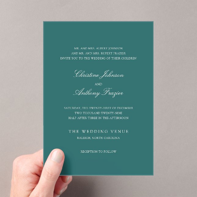 Invitations En Acrylique Old Money Teal Classic Wedding (In situ (ordinateur de poche))