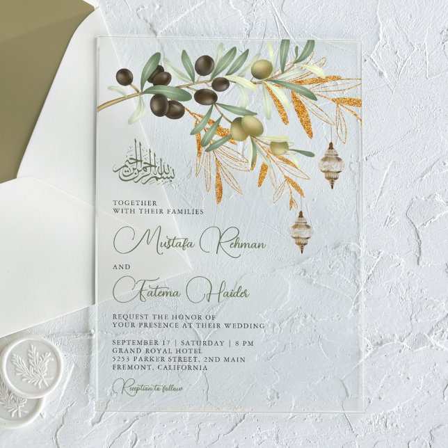 Invitations En Acrylique Olive Gold Branch Arabian Lantern Islamic Wedding (Créateur téléchargé)