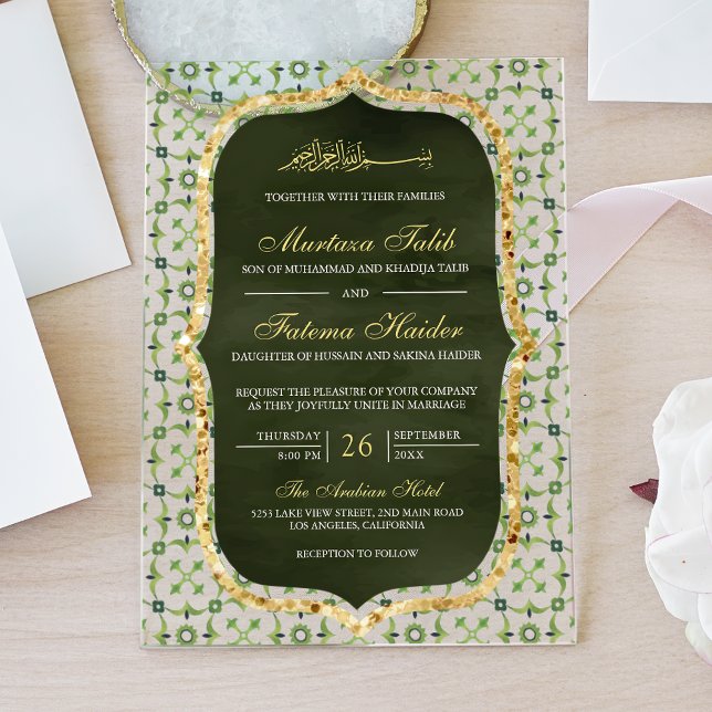Invitations En Acrylique Olive Green and Gold Moroccan Tile Islamic Wedding (Créateur téléchargé)