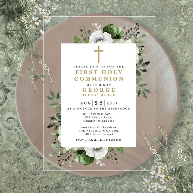 Invitations En Acrylique Olive Vert Floral Moderne Première Communion Saint (Olive Green Floral Modern First Holy Communion Acrylic Invitations)