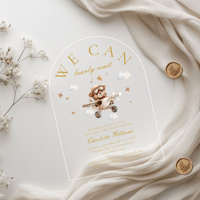Invitations En Acrylique On Peut Attendre ! Ours et avion en peluche (We Can Bearly Wait! Teddy Bear & Airplane Arch Baby Shower  Transparent Acrylic Invitations.)