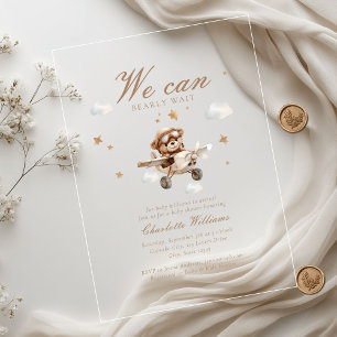 Invitations En Acrylique On Peut Attendre ! Ours et avion en peluche