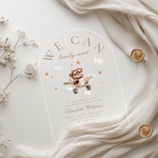 Invitations En Acrylique On Peut Attendre ! Ours et avion en peluche (We Can Bearly Wait! Teddy Bear & Airplane Arch Baby Shower  Transparent Acrylic Invitations.)