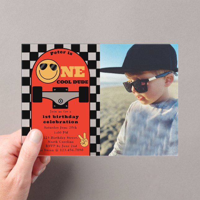 Invitations En Acrylique One Cool Dude 1st First Birthday Skateboard Photo (In situ (ordinateur de poche))