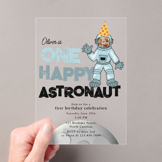 Invitations En Acrylique One Happy Astronaut Photo 1st  First Birthday (In situ (ordinateur de poche))
