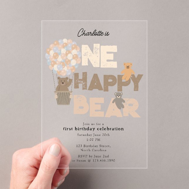 Invitations En Acrylique One Happy Bear Invite 1st  First Birthday Cute (In situ (ordinateur de poche))