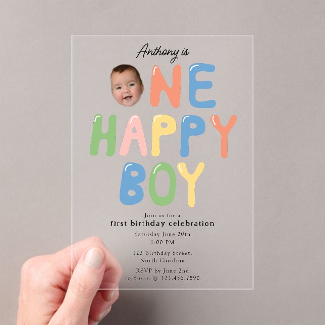 Invitations En Acrylique One Happy Boy Birthday Invite 1st Birthday Photo (In situ (ordinateur de poche))