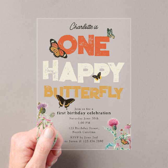 Invitations En Acrylique One Happy Butterfly Invite 1st Wildflower Birthday (In situ (ordinateur de poche))