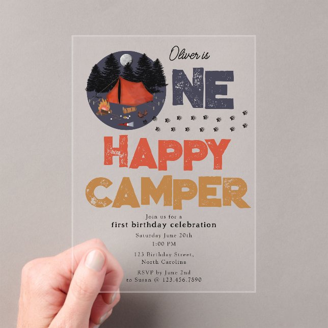 Invitations En Acrylique One Happy Camper Invite 1st Summer Birthday (In situ (ordinateur de poche))