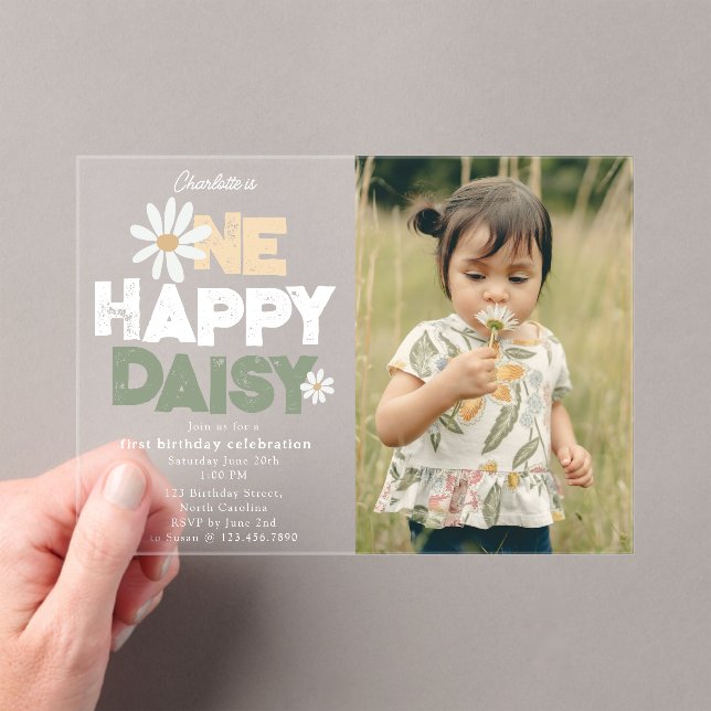 Invitations En Acrylique One Happy Daisy Invite 1st  First Birthday Photo (In situ (ordinateur de poche))