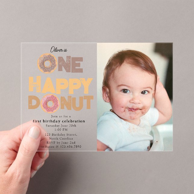 Invitations En Acrylique One Happy Donut Invite 1st  First Birthday Photo (In situ (ordinateur de poche))