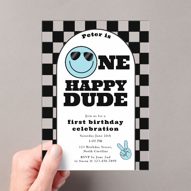 Invitations En Acrylique One Happy Dude Invite 1st First Birthday Cute Boy (In situ (ordinateur de poche))