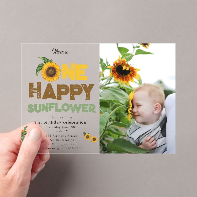 Invitations En Acrylique One Happy Sunflower 1st Summer Birthday Photo (In situ (ordinateur de poche))