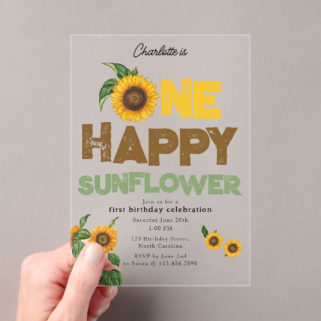 Invitations En Acrylique One Happy Sunflower Invite 1st Summer Birthday (In situ (ordinateur de poche))