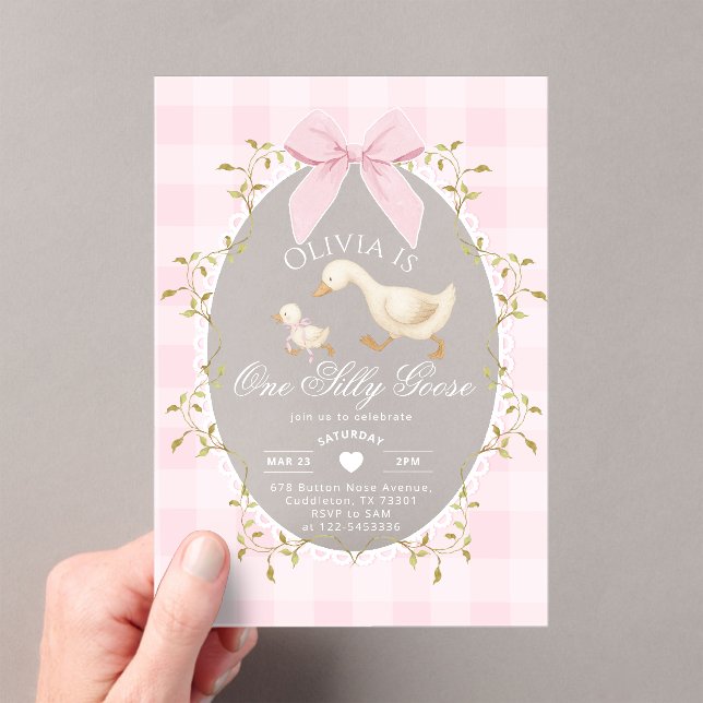 Invitations En Acrylique One Silly Goose Pink Gingham Bow girl 1st Birthday (In situ (ordinateur de poche))