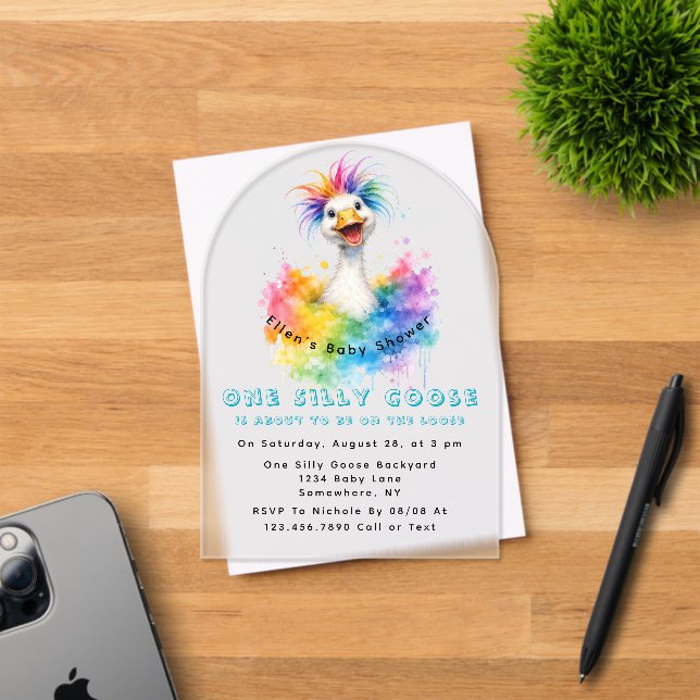 Invitations En Acrylique One Silly Goose Rainbow Baby Shower Cute (Insitu (Carte d'invitation))