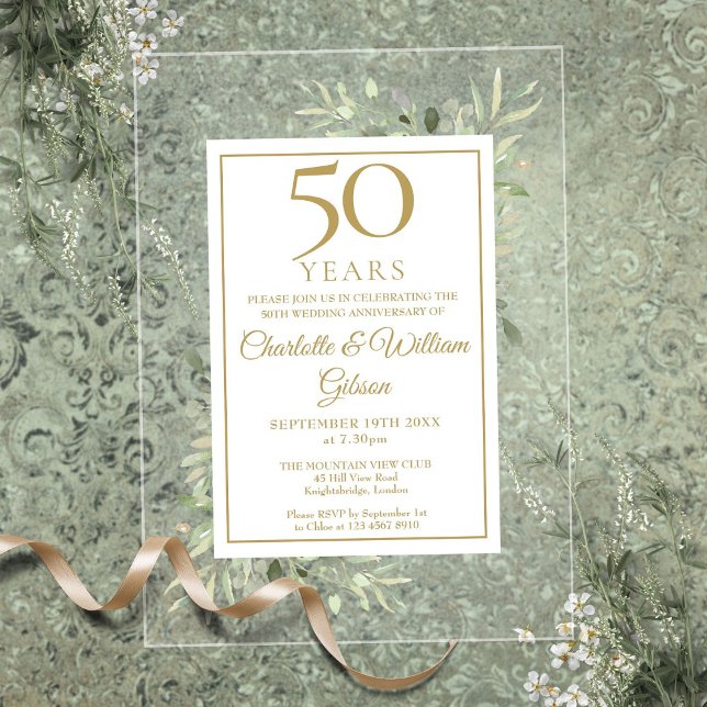 Invitations En Acrylique Or 50e anniversaire Mariage Aquarelle Verdure (Gold 50th Wedding Anniversary Watercolor Greenery Acrylic Invitations)