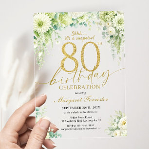 Invitations En Acrylique Or Élégant 80e Anniversaire Eucalyptus Fleurs d'Iv