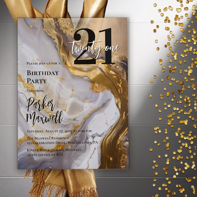 Invitations En Acrylique Or élégant | Marbre blanc Moderne 21 Anniversaire (Sleek Faux Gold and White Marble Modern "21" 21st Birthday Party Invitation - Acrylic)