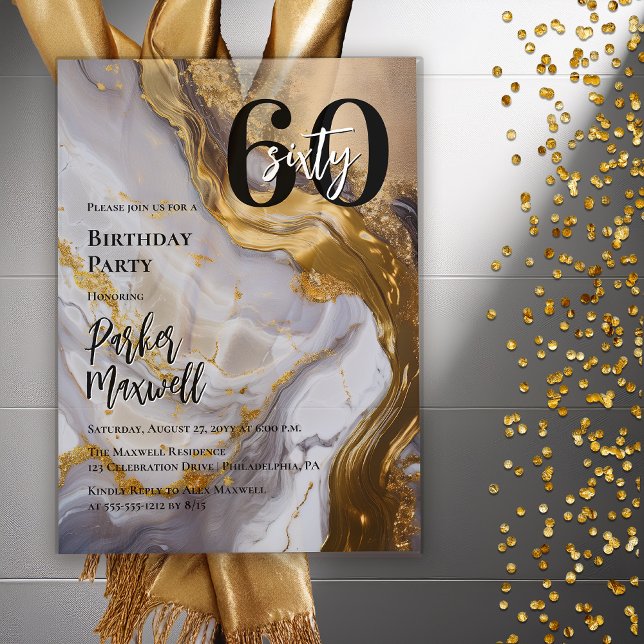 Invitations En Acrylique Or élégant | Marbre blanc Moderne 60 Anniversaire (Sleek Faux Gold and White Marble Modern "40" 40th Birthday Party Invitation - Acrylic )