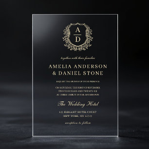 Invitations En Acrylique Or Floral Crest Monogramme Mariage Élégant