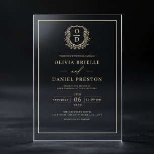 Invitations En Acrylique Or Floral Crest Monogramme Mariage Élégant