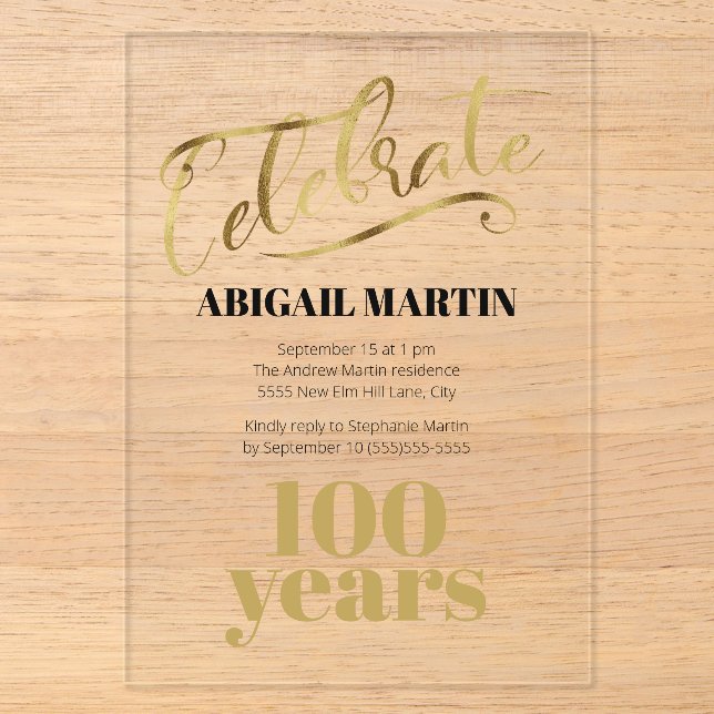 Invitations En Acrylique Or noir 100e anniversaire Acrylique clair (Recto)