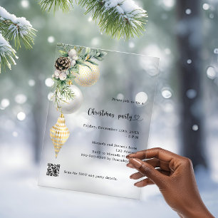 Invitations En Acrylique Or noir boules blanches code QR fête de Noël
