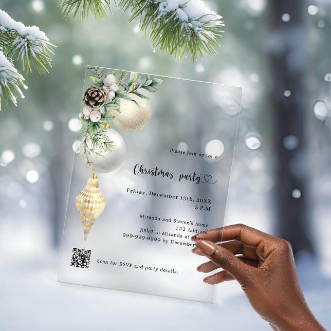 Invitations En Acrylique Or noir boules blanches code QR fête de Noël (Créateur téléchargé)