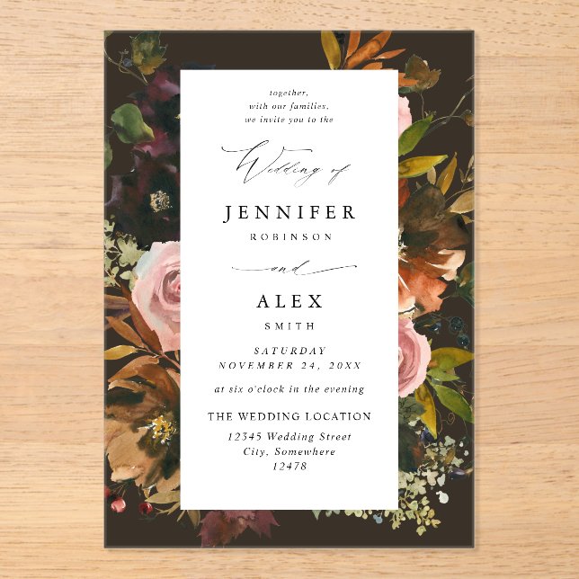 Invitations En Acrylique Or rustique, violet & rose floral 4 Brown (Recto)
