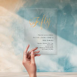 Invitations En Acrylique Or script 50e anniversaire clair<br><div class="desc">Une invitation design et moderne pour une fête du 50e anniversaire. Un arrière - plan clair et transparent et le mot Fifty écrit avec d'élégantes grandes lettres de script en faux or. Personnalisez et ajoutez un nom et des détails du parti.</div>