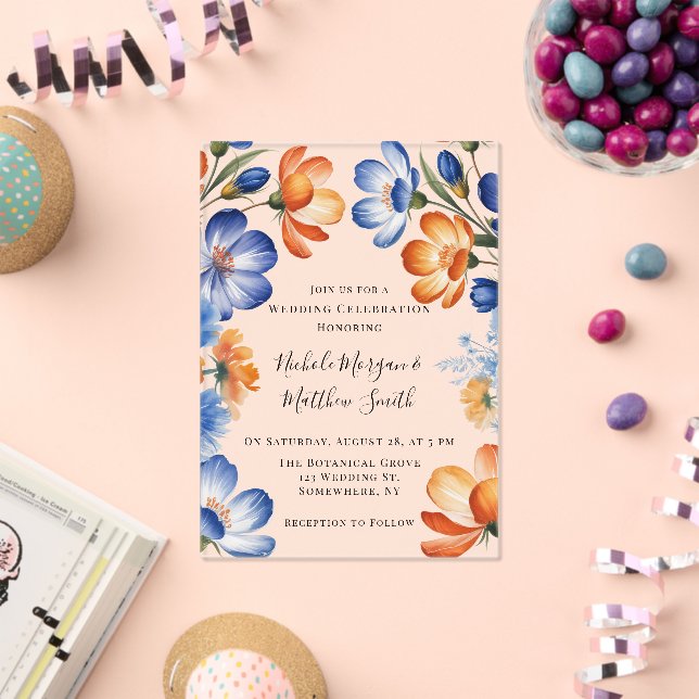 Invitations En Acrylique Orange and Cobalt Blue Floral Wedding Celebration (Insitu (Célébration))