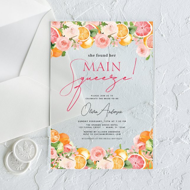 Invitations En Acrylique Orange de la Fête des mariées principale en agrume (Créateur téléchargé)