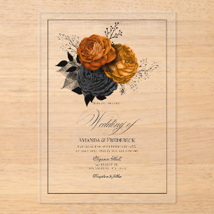 Invitations En Acrylique Orange gothique transparent et Mariage floral noir