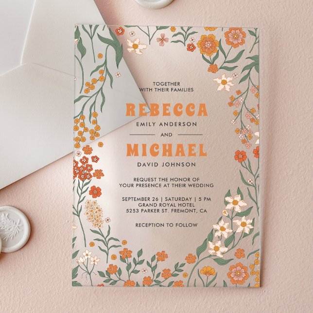 Invitations En Acrylique Orange Groovy Wildflower Wedding (Créateur téléchargé)
