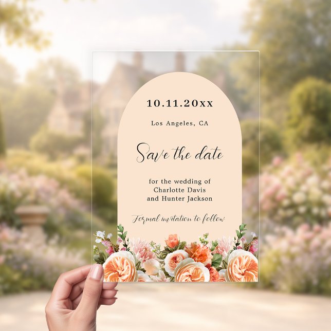 Invitations En Acrylique Orange pink floral arch wedding Save the Date Card (Créateur téléchargé)